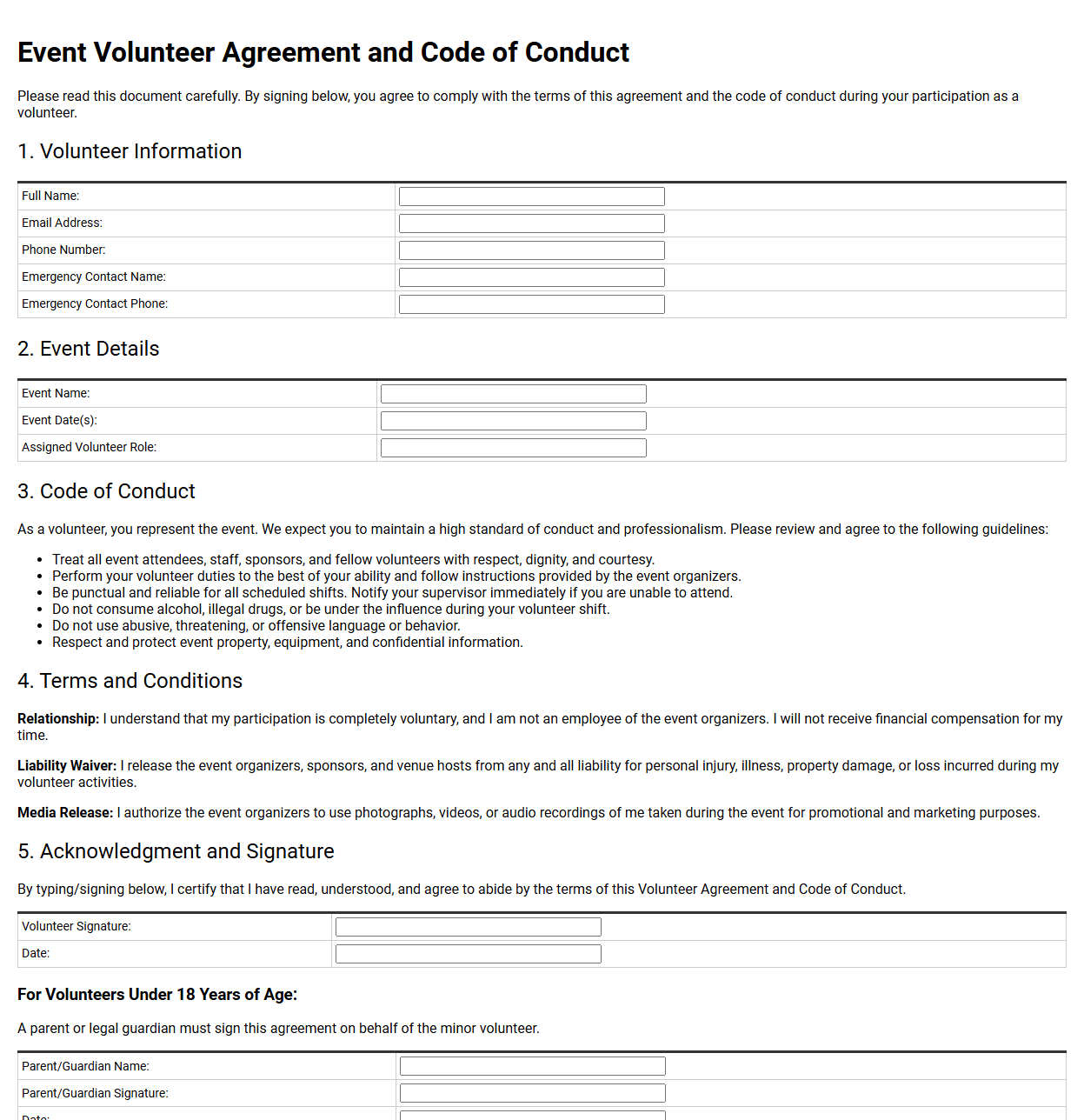 Event Volunteer Agreement and Code of Conduct Template
