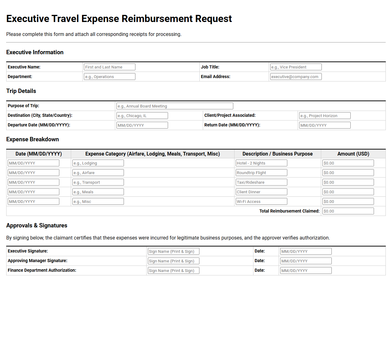 Executive Travel Expense Reimbursement Template
