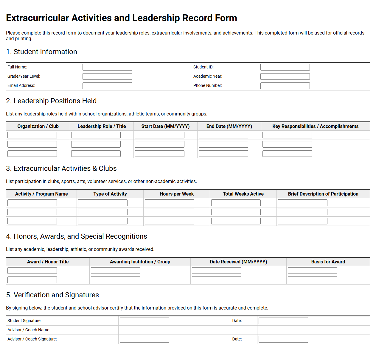 Extracurricular Activities and Leadership Record Form