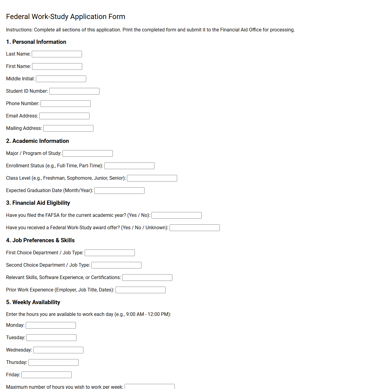 Federal Work Study Application Form