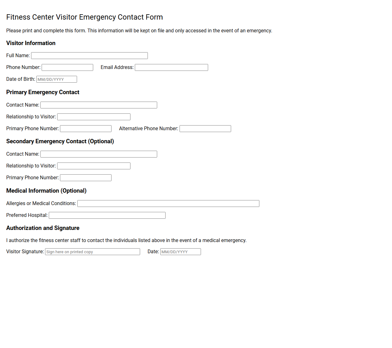 Fitness Center Visitor Emergency Contact Form