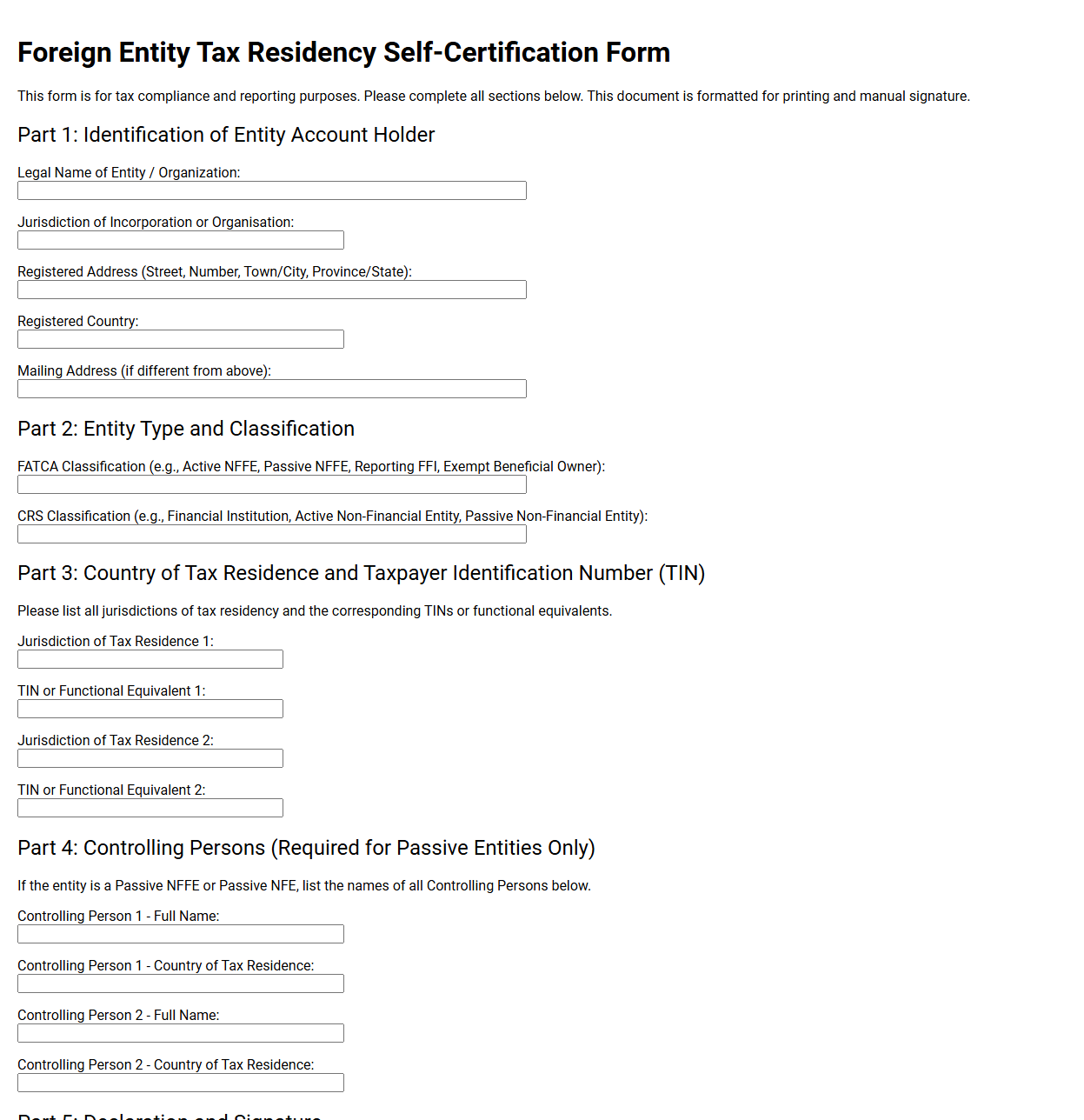 Foreign Entity Tax Residency Self Certification