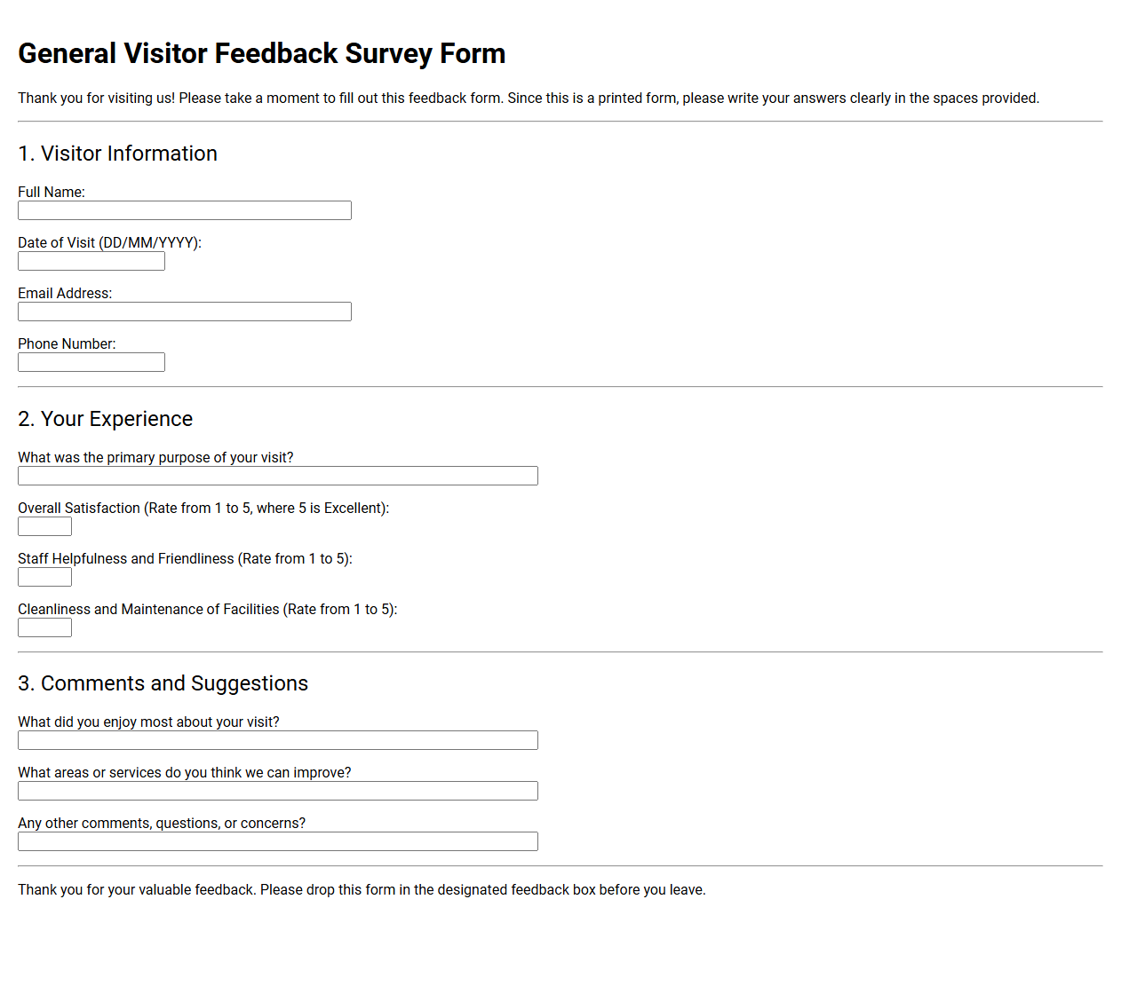 General Visitor Feedback Survey Form