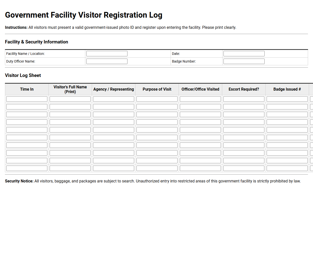 Government Facility Visitor Registration Log