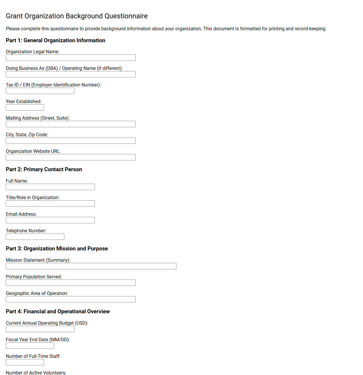 Grant Organization Background Questionnaire