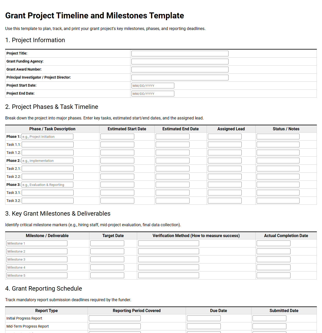 Grant Project Timeline and Milestones Template
