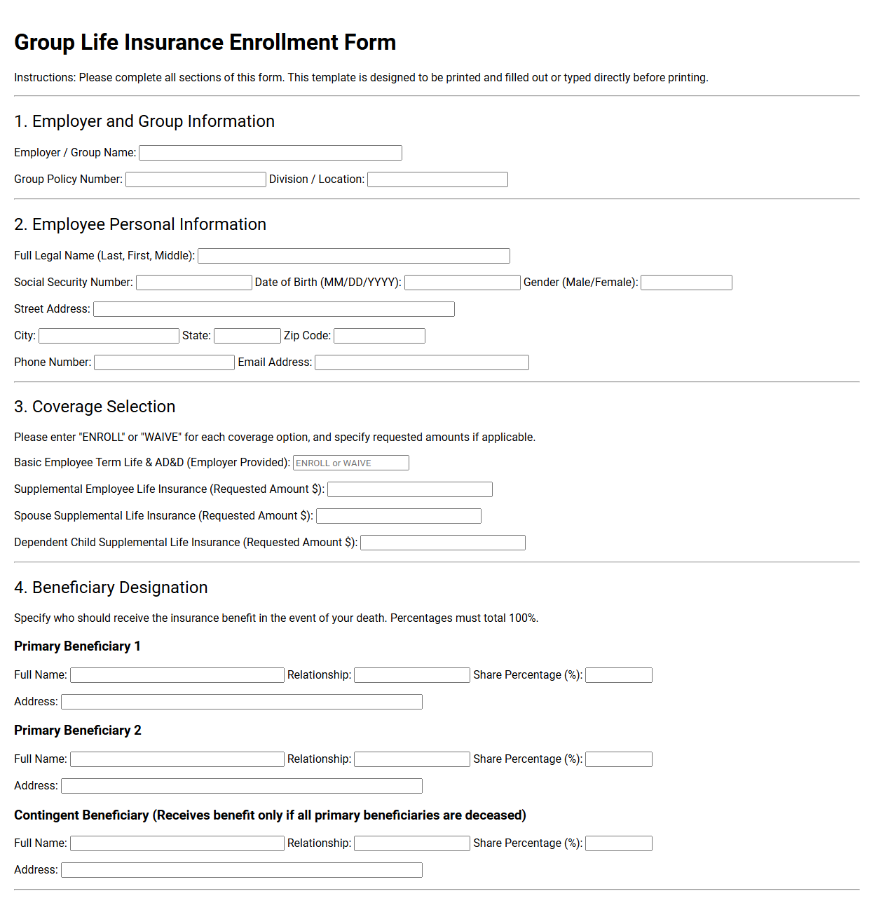 Group Life Insurance Enrollment Template
