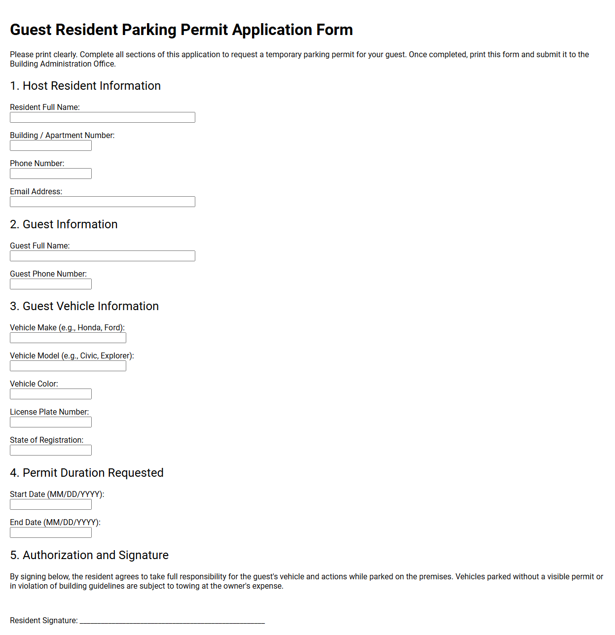 Guest Resident Parking Permit Application Form