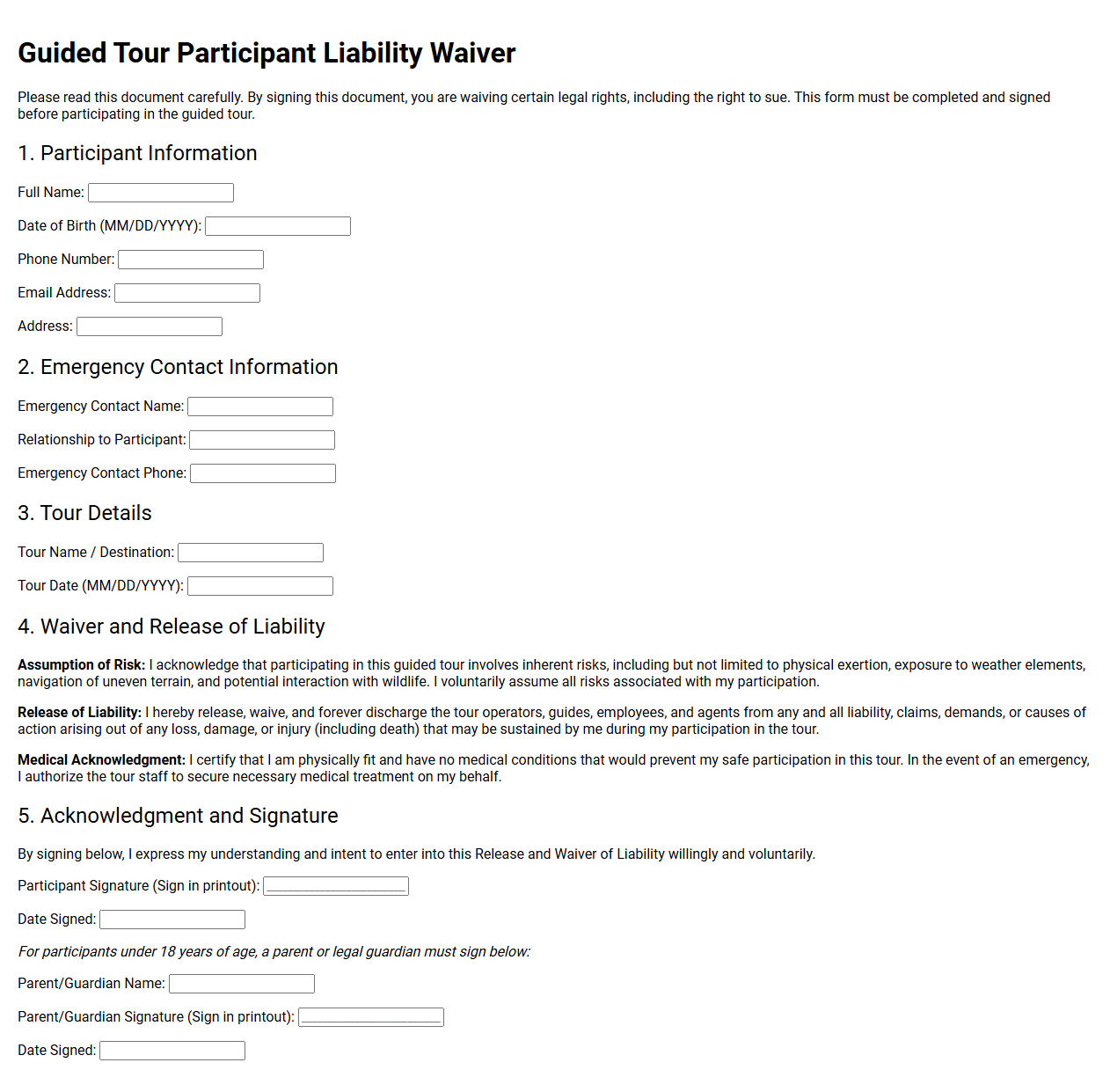 Guided Tour Participant Liability Waiver