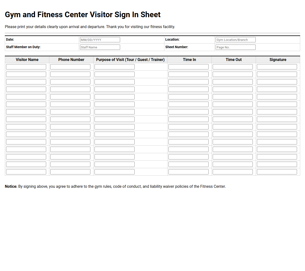 Gym and Fitness Center Visitor Sign In Sheet