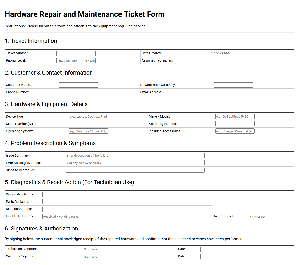 Hardware Repair and Maintenance Ticket Form