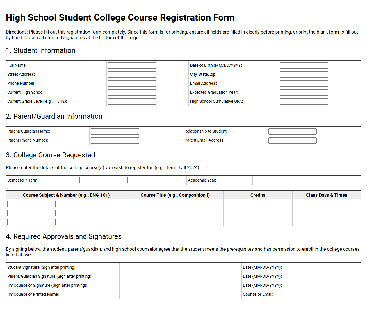 High School Student College Course Registration Form
