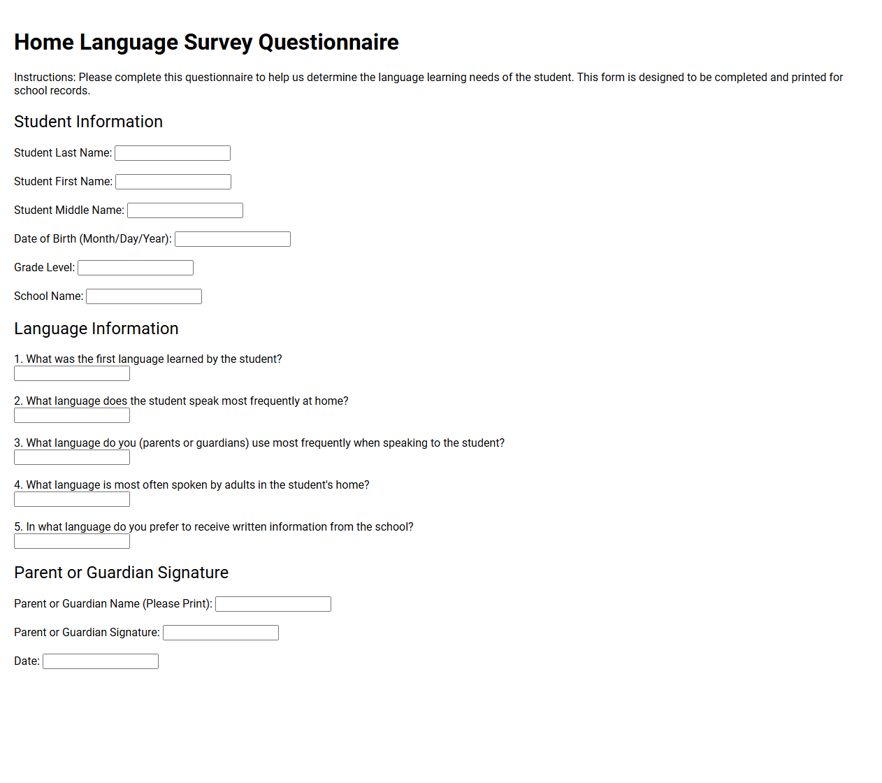 Home Language Survey Questionnaire