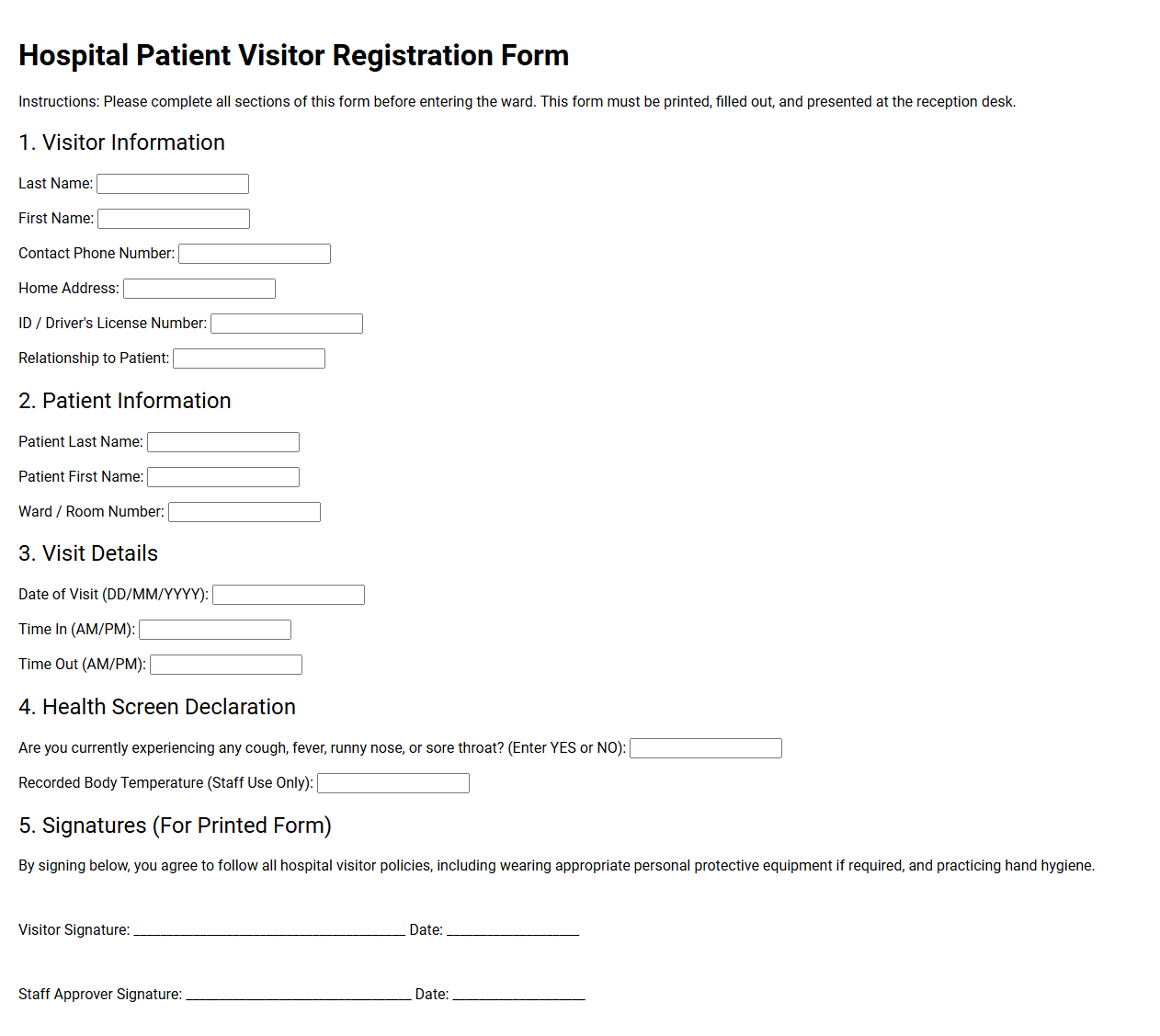 Hospital Patient Visitor Registration Form