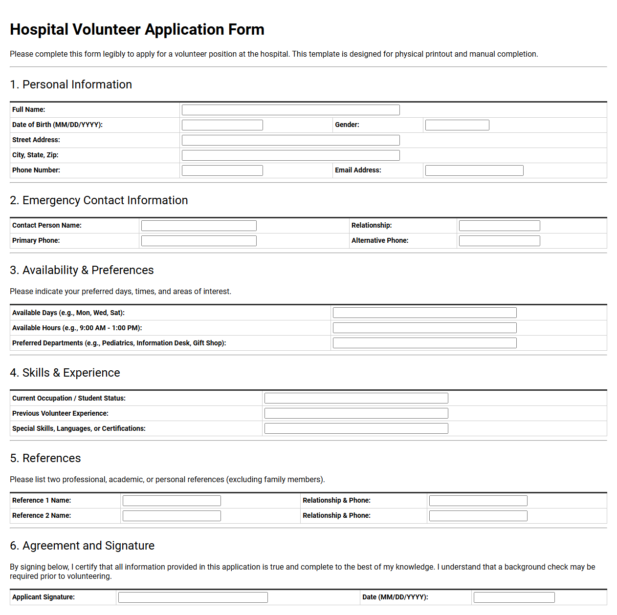 Hospital Volunteer Application Form Template