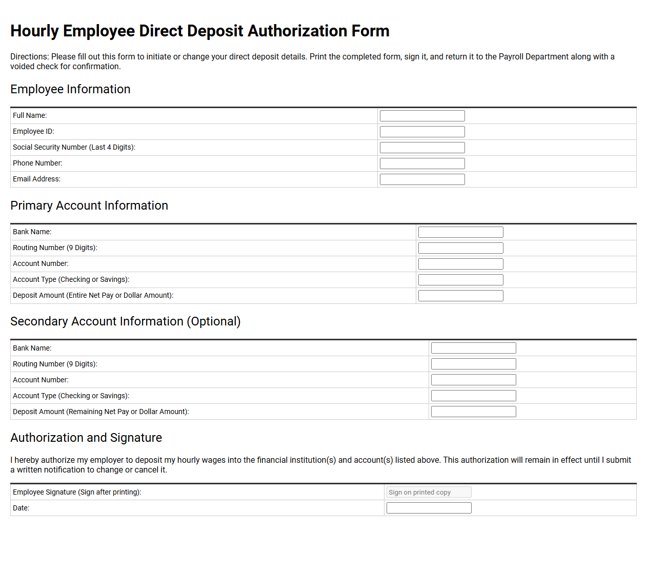 Hourly Employee Direct Deposit Sign Up Form