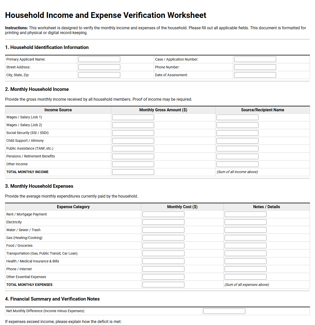 Household Income and Expense Verification Worksheet