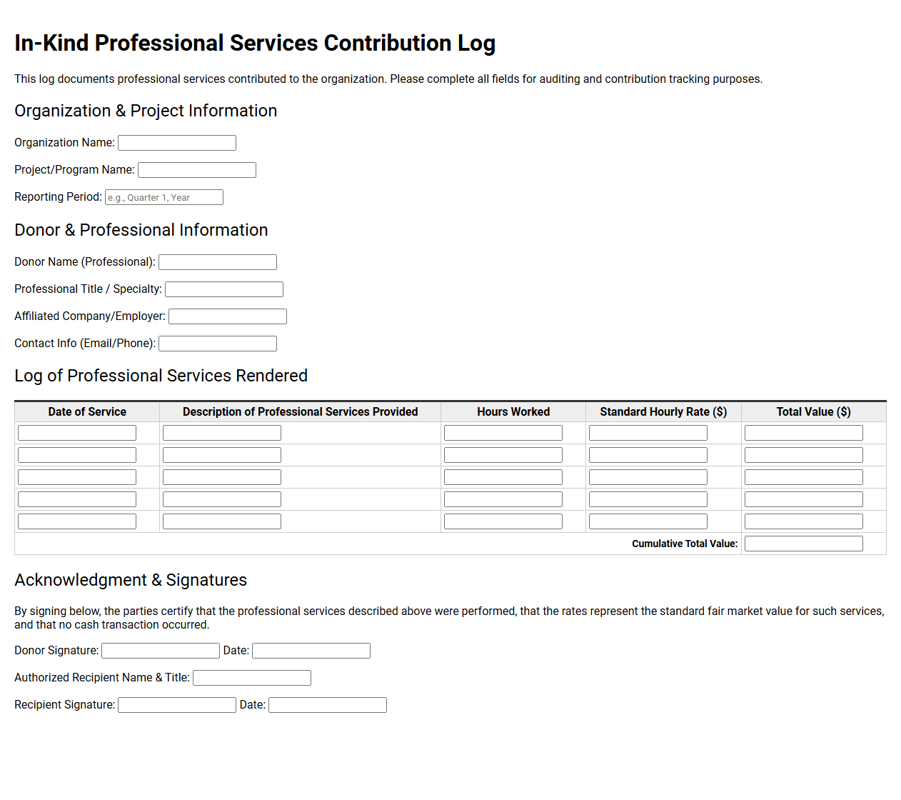 In-Kind Professional Services Contribution Log