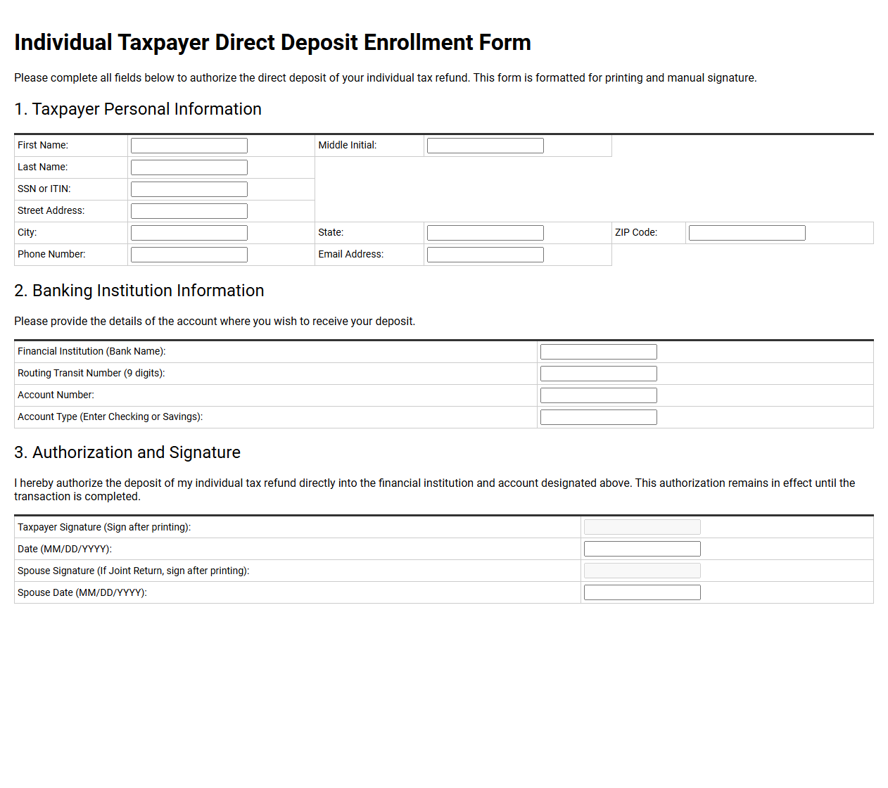 Individual Taxpayer Direct Deposit Enrollment Form