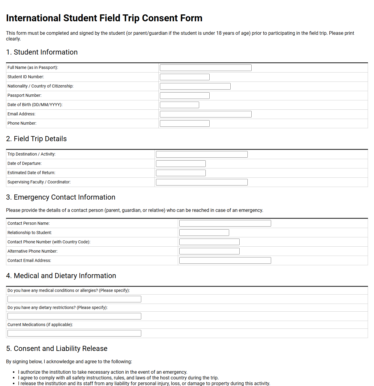 International Student Field Trip Consent Form