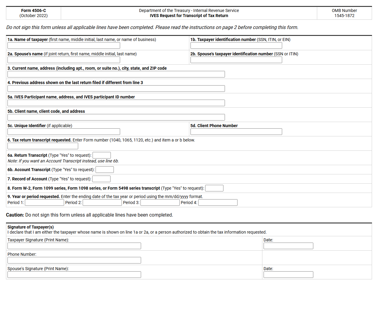 IRS Form 4506-C IVES Request for Transcript Template