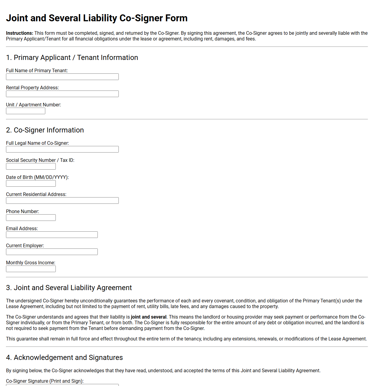 Joint and Several Liability Co-Signer Form