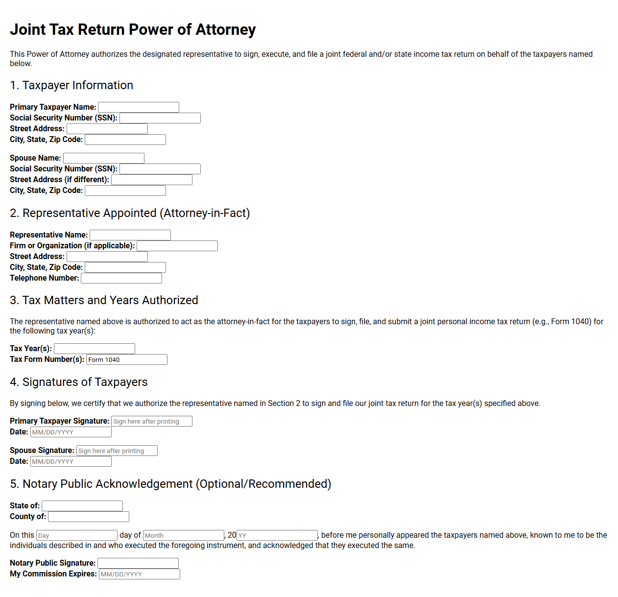 Joint Tax Return Power of Attorney Template