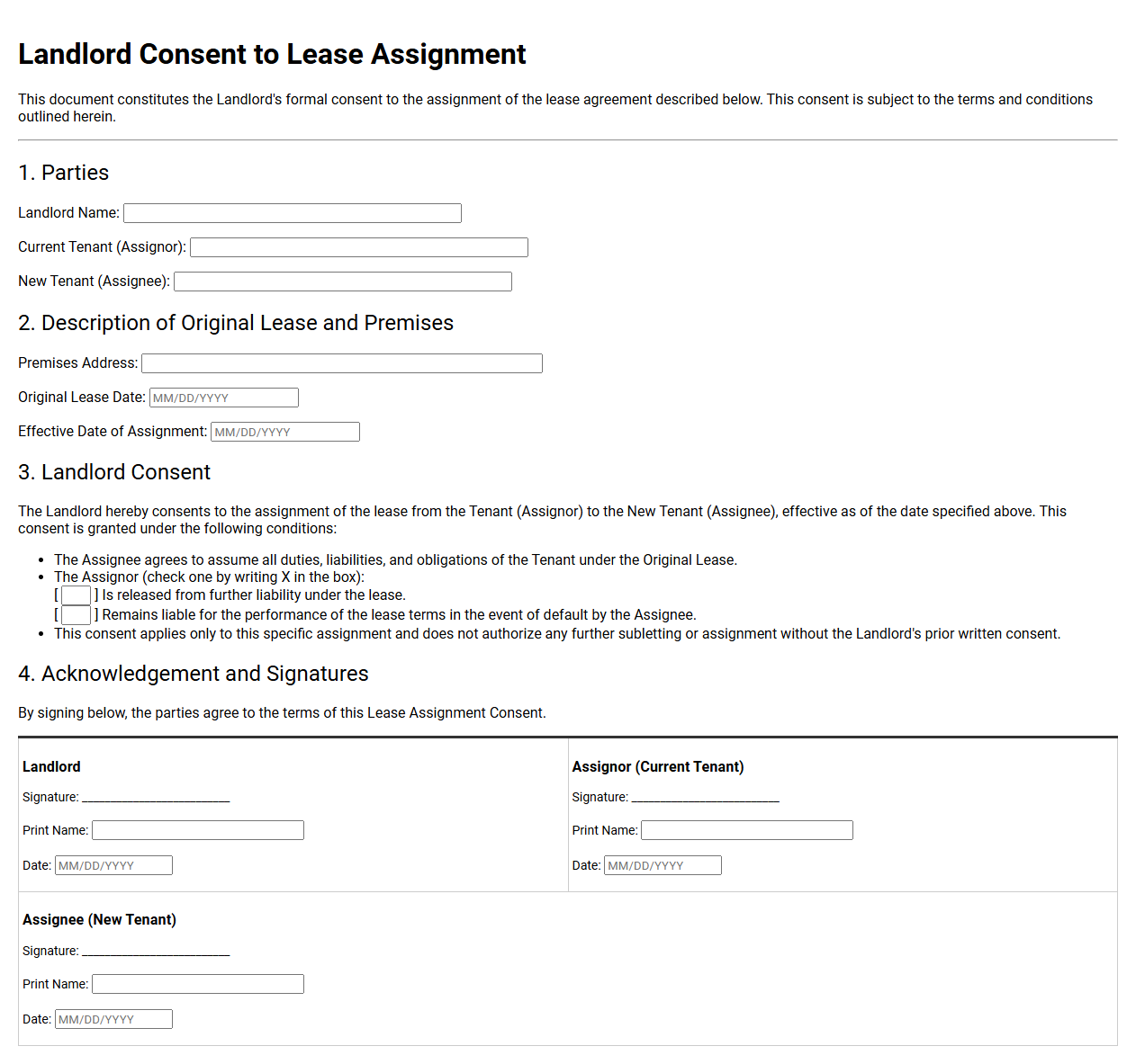 Landlord Consent to Lease Assignment Form