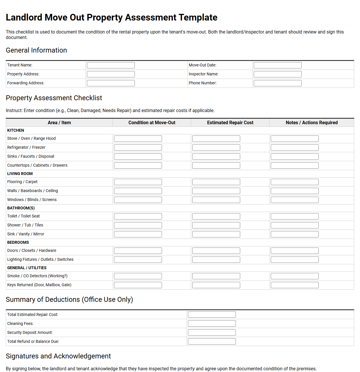 Landlord Move Out Property Assessment Template