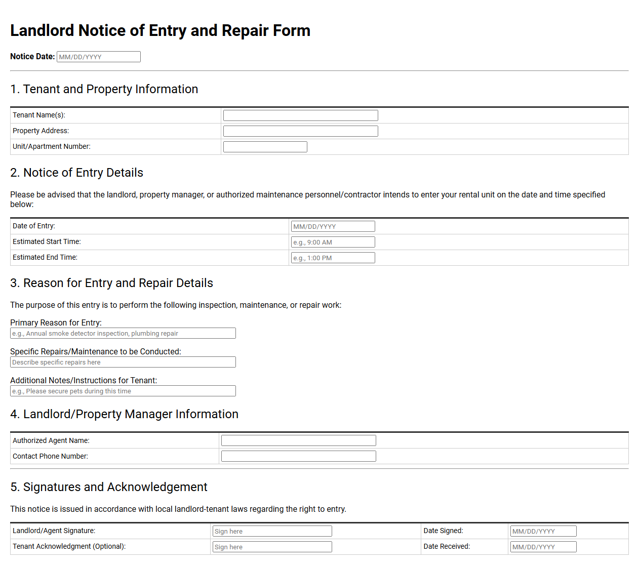 Landlord Notice of Entry and Repair Form