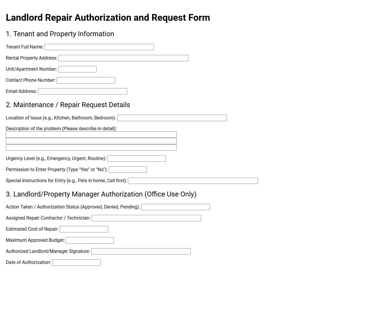 Landlord Repair Authorization and Request Form