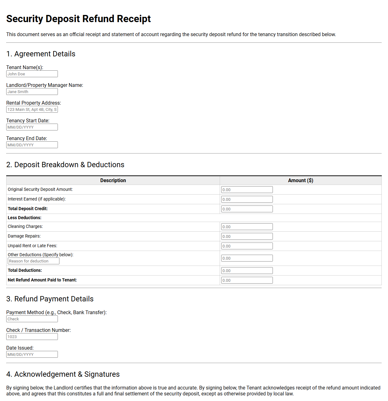 Landlord Security Deposit Refund Receipt