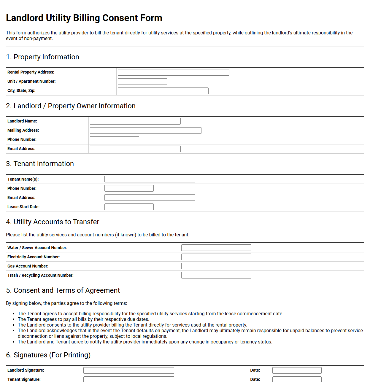 Landlord Utility Billing Consent Form