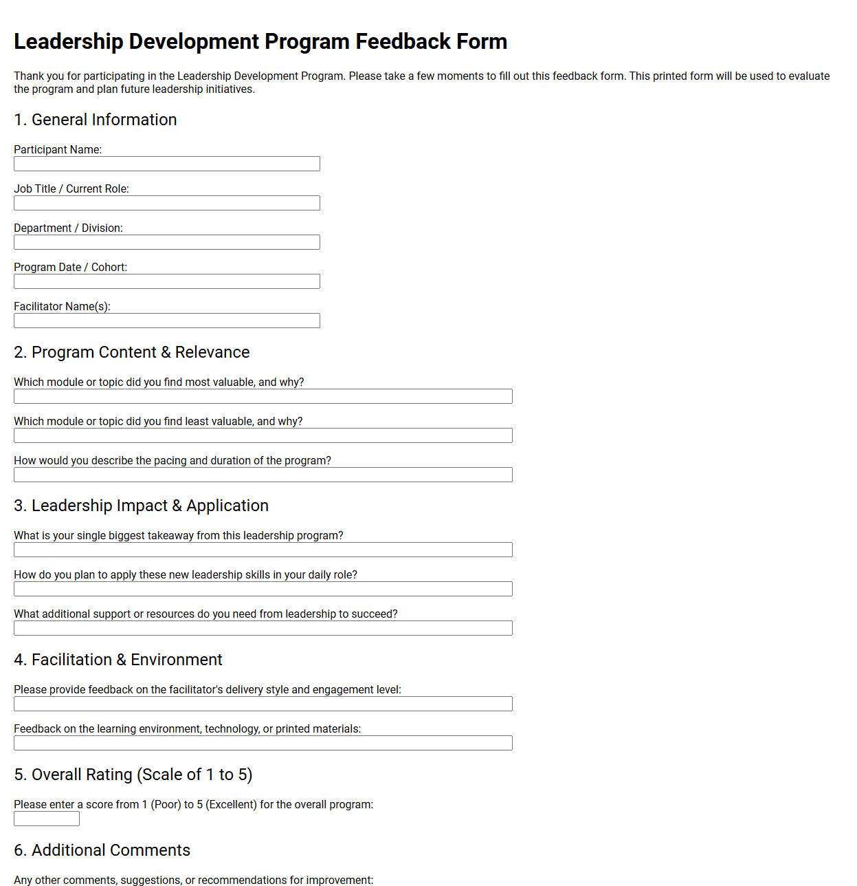 Leadership Development Program Feedback Form