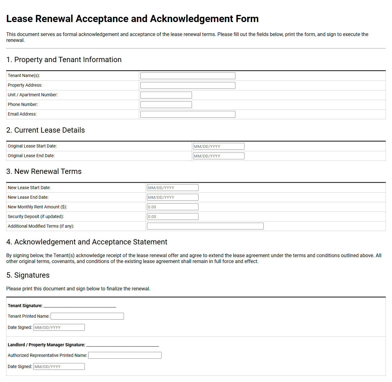 Lease Renewal Acceptance and Acknowledgement Form