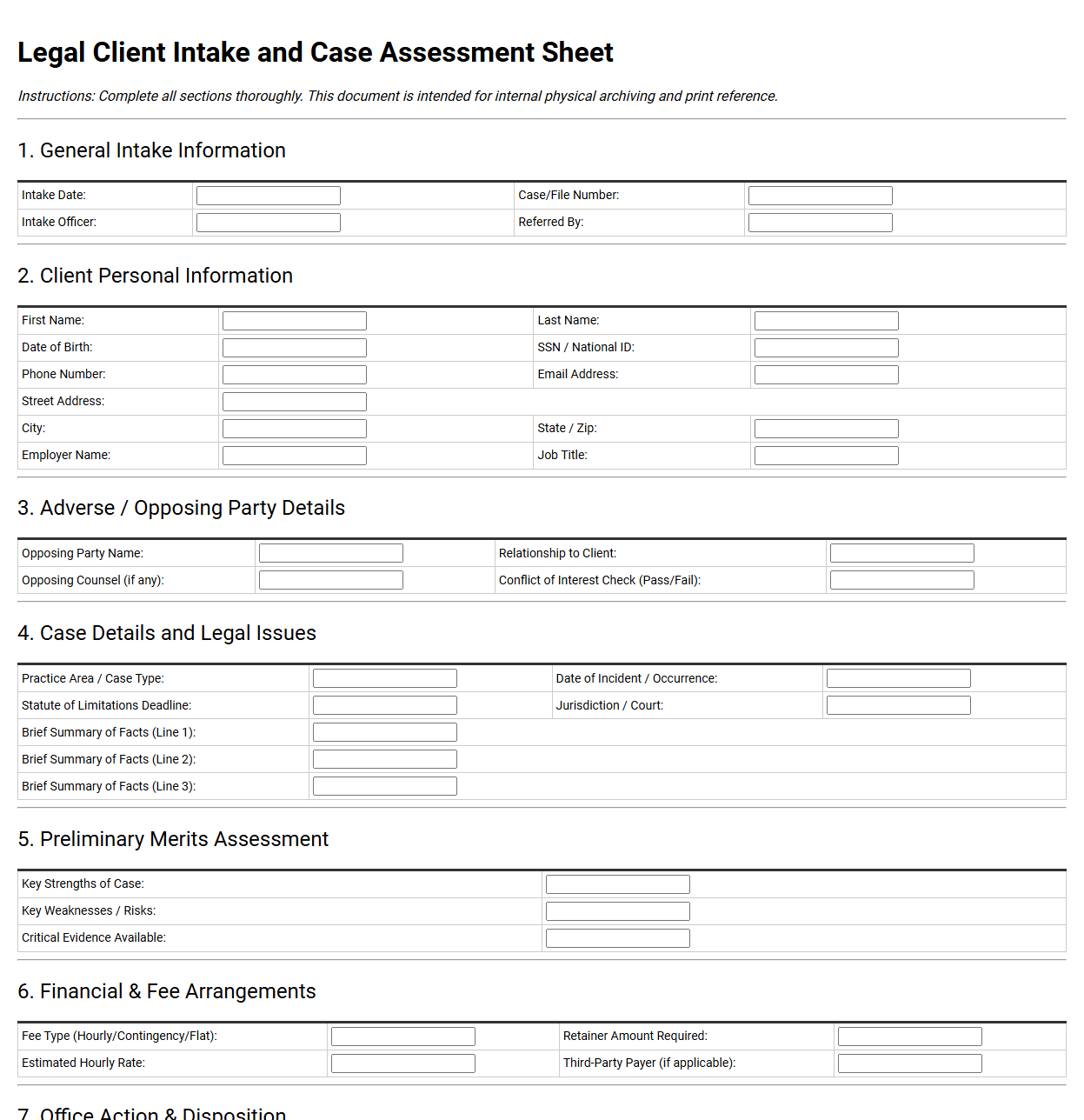 Legal Client Intake and Case Assessment Sheet