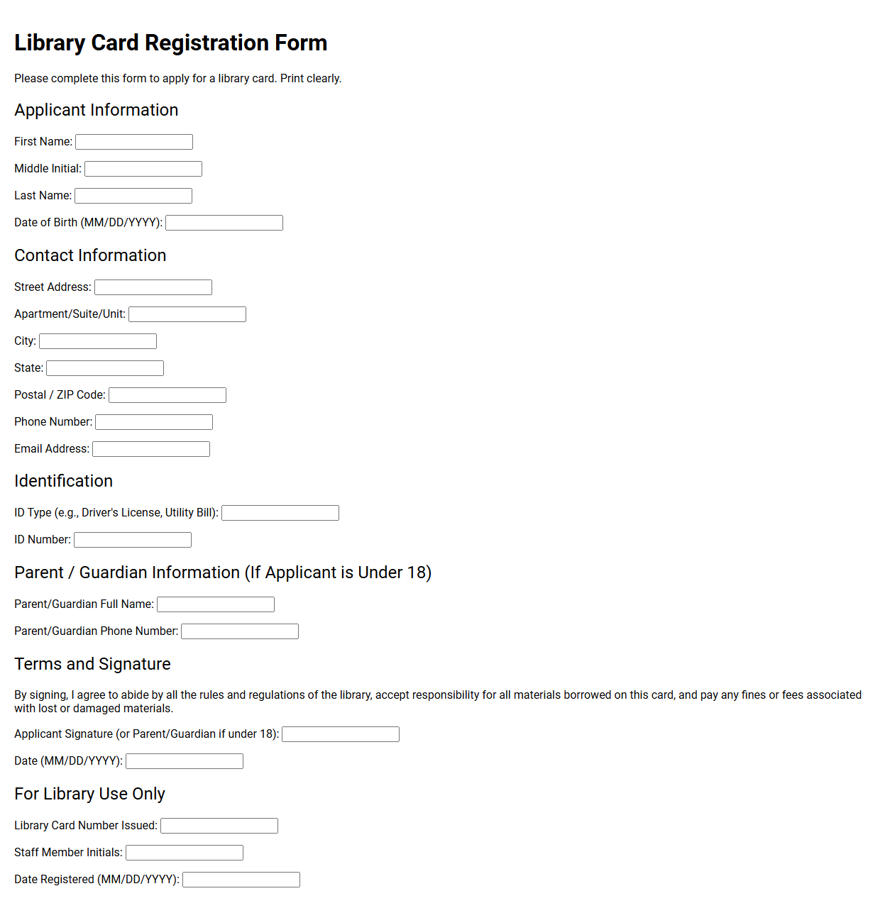 Library Card Registration Form Template
