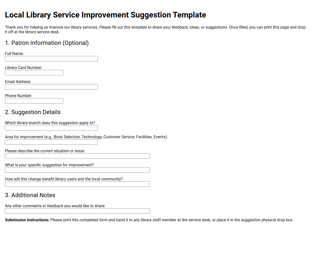 Local Library Service Improvement Suggestion Template
