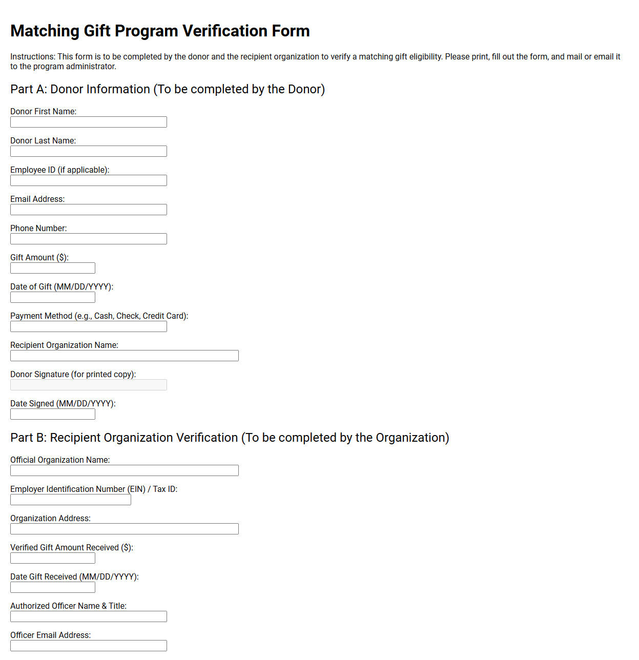 Matching Gift Program Verification Form