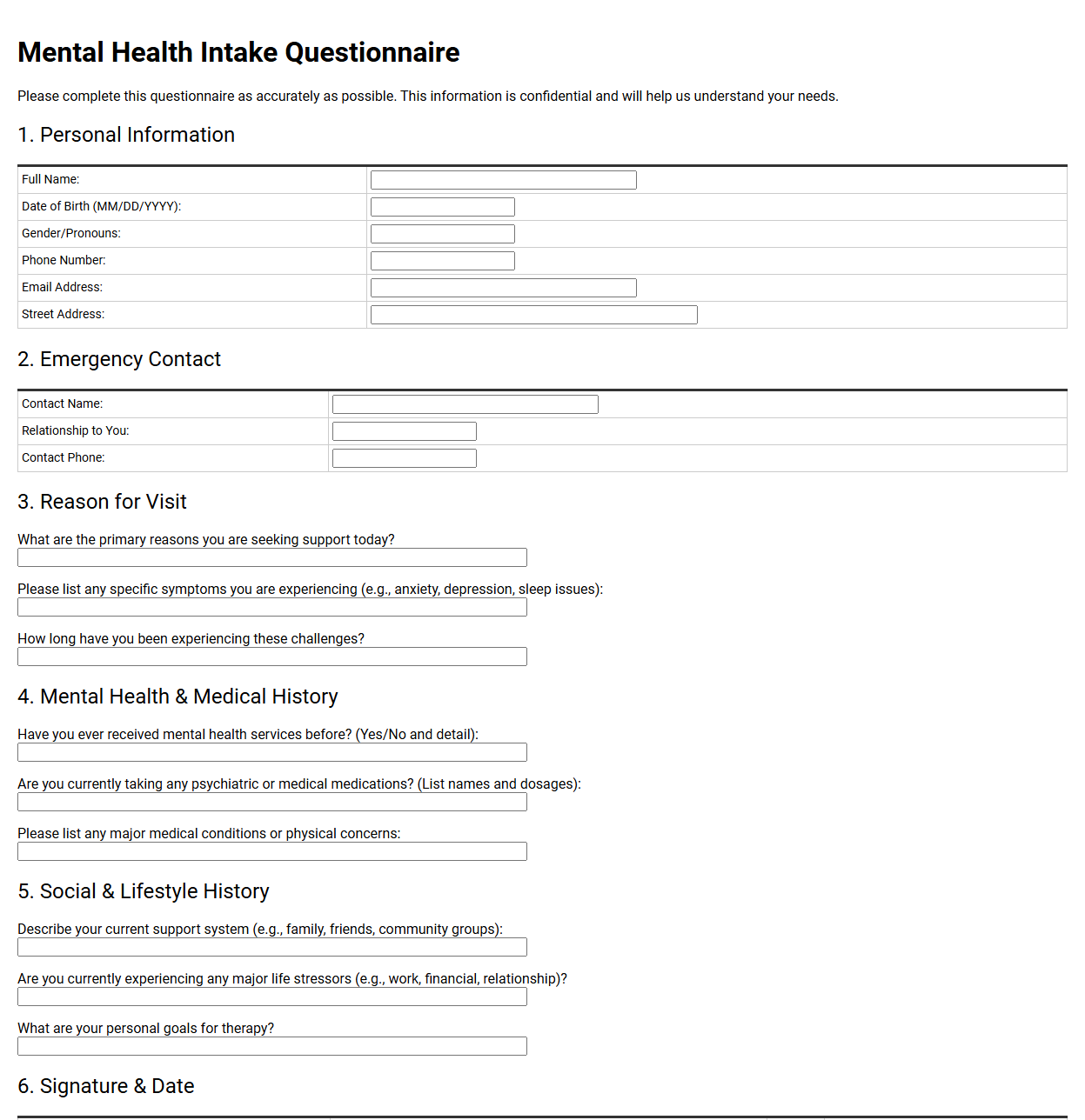 Mental Health Intake Questionnaire