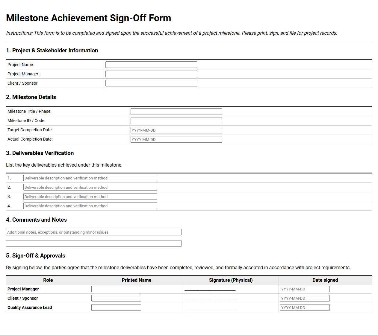 Milestone Achievement Sign-Off Form