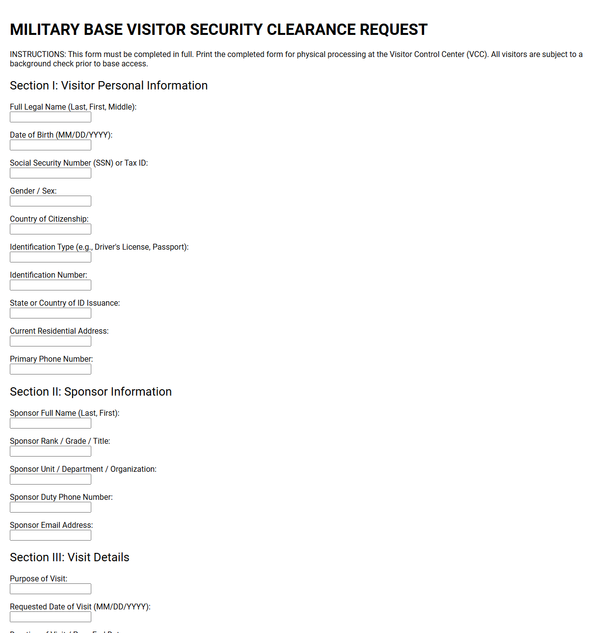 Military Base Visitor Security Clearance Template