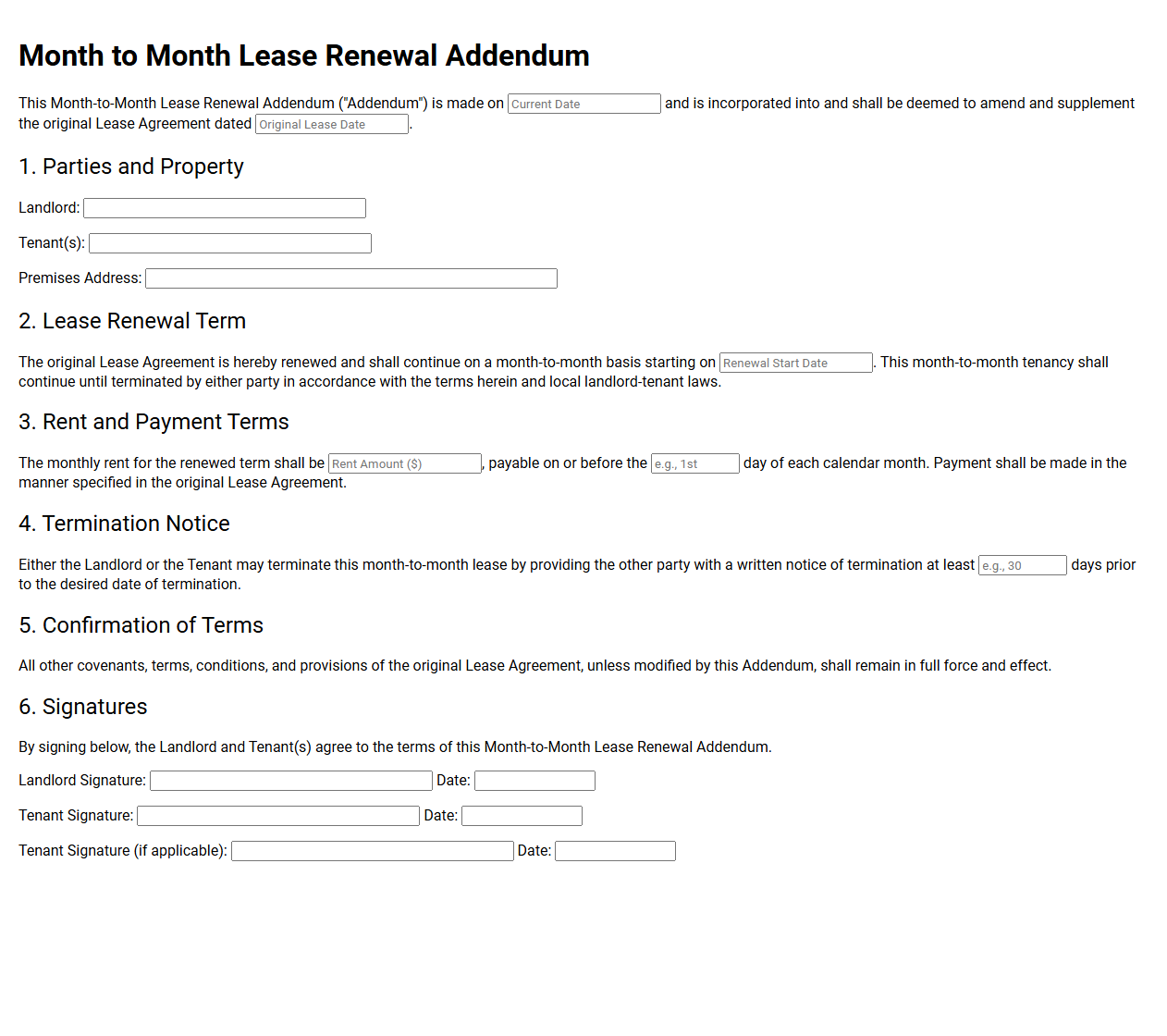 Month to Month Lease Renewal Addendum