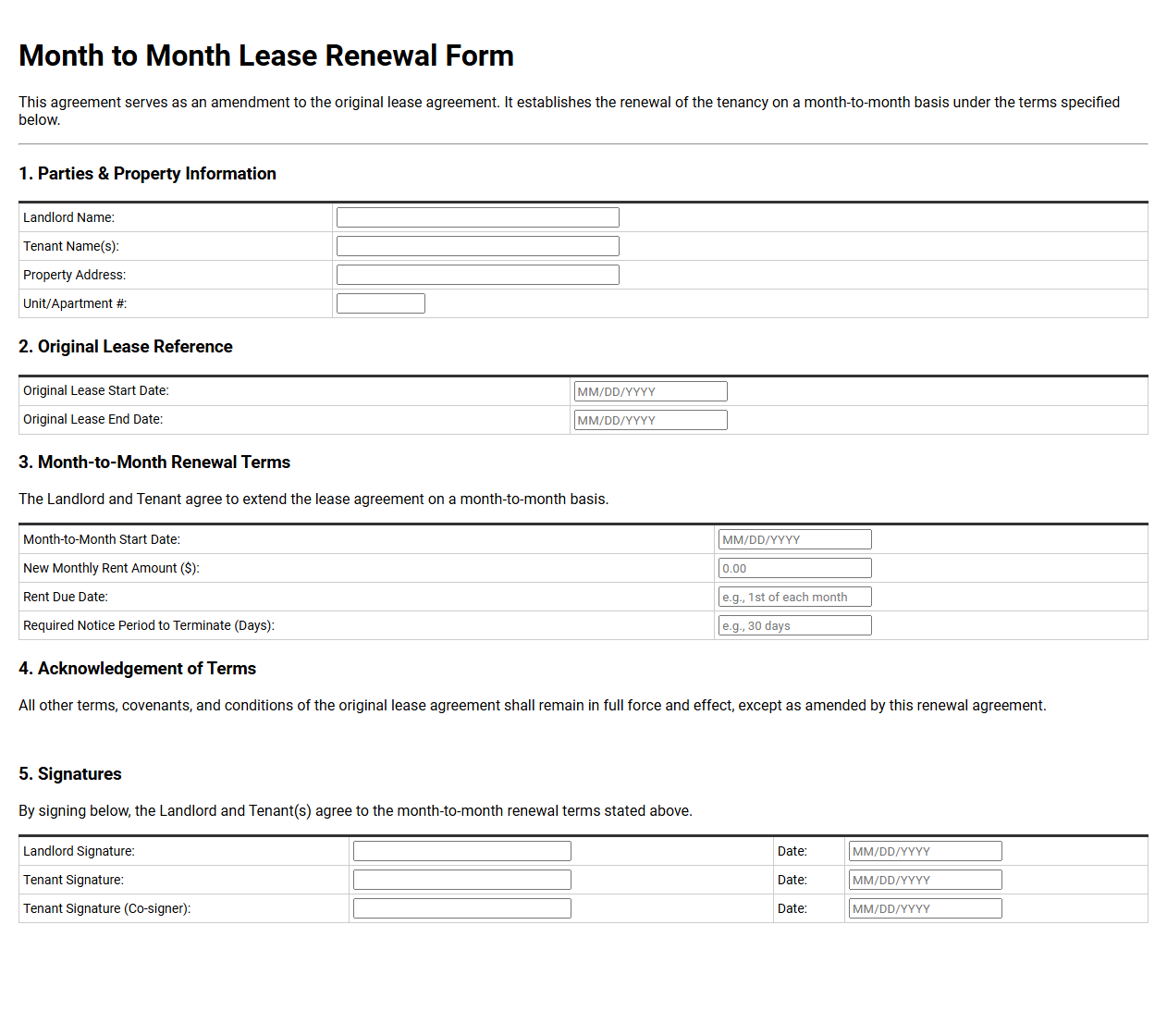 Month to Month Lease Renewal Form