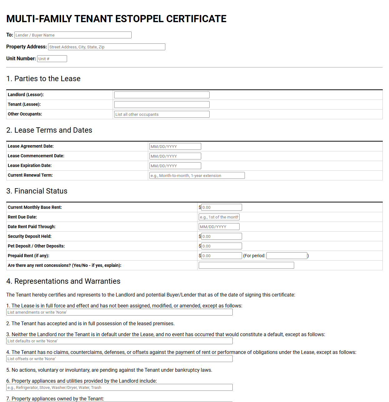 Multi Family Tenant Estoppel Certificate