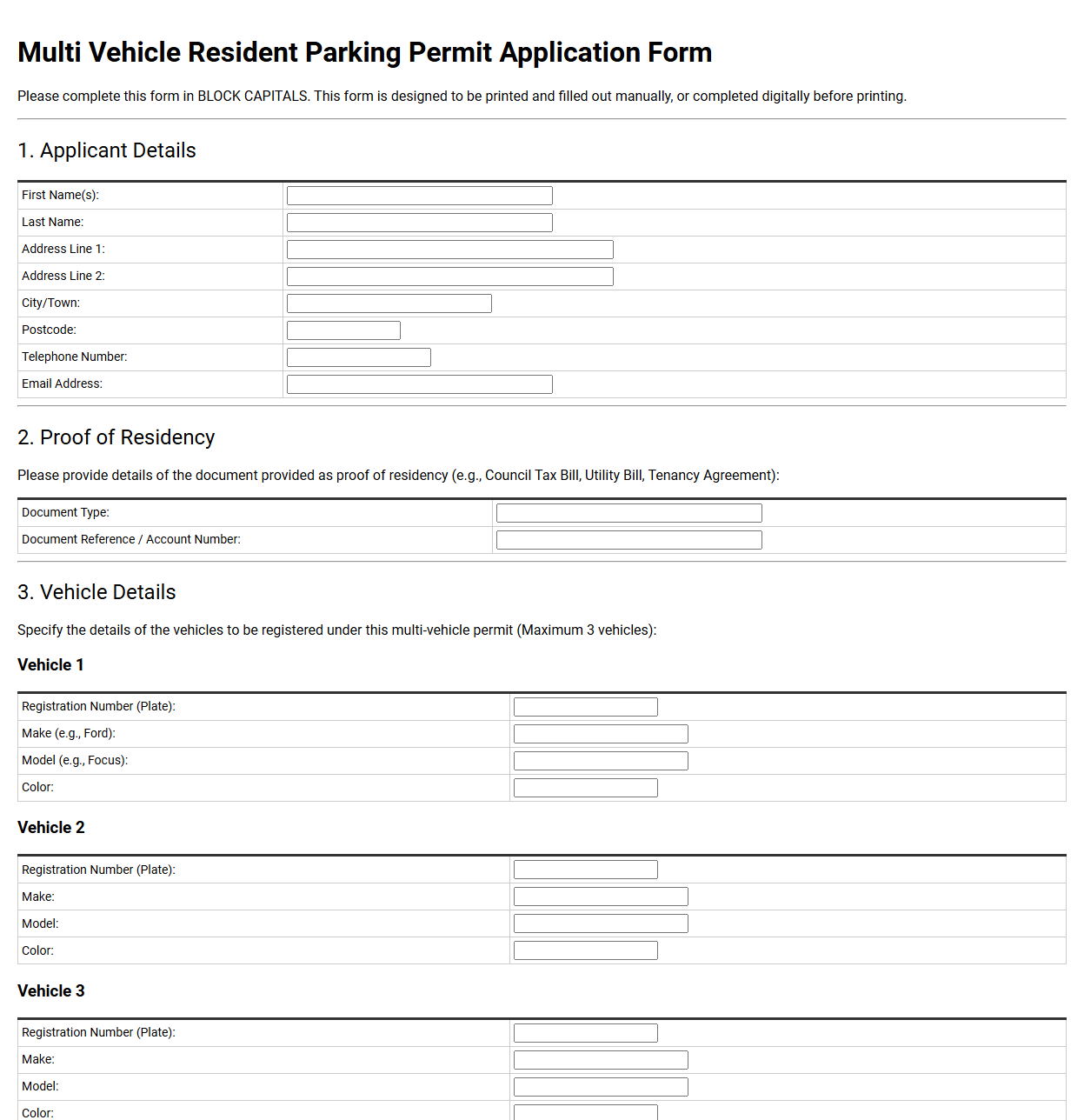 Multi Vehicle Resident Parking Permit Application Form