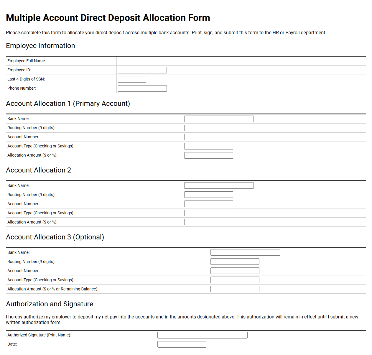 Multiple Account Direct Deposit Allocation Form
