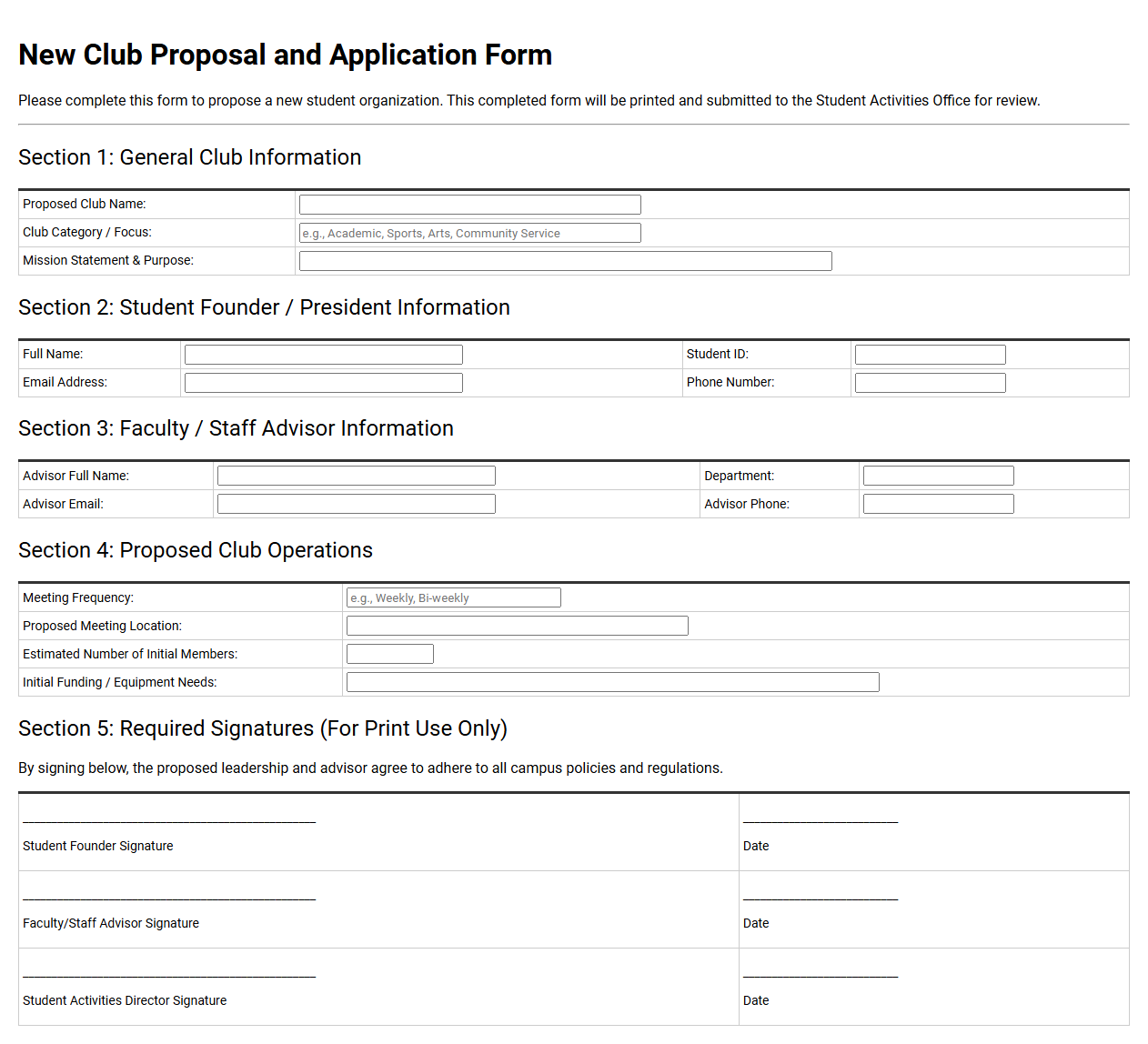 New Club Proposal and Application Form
