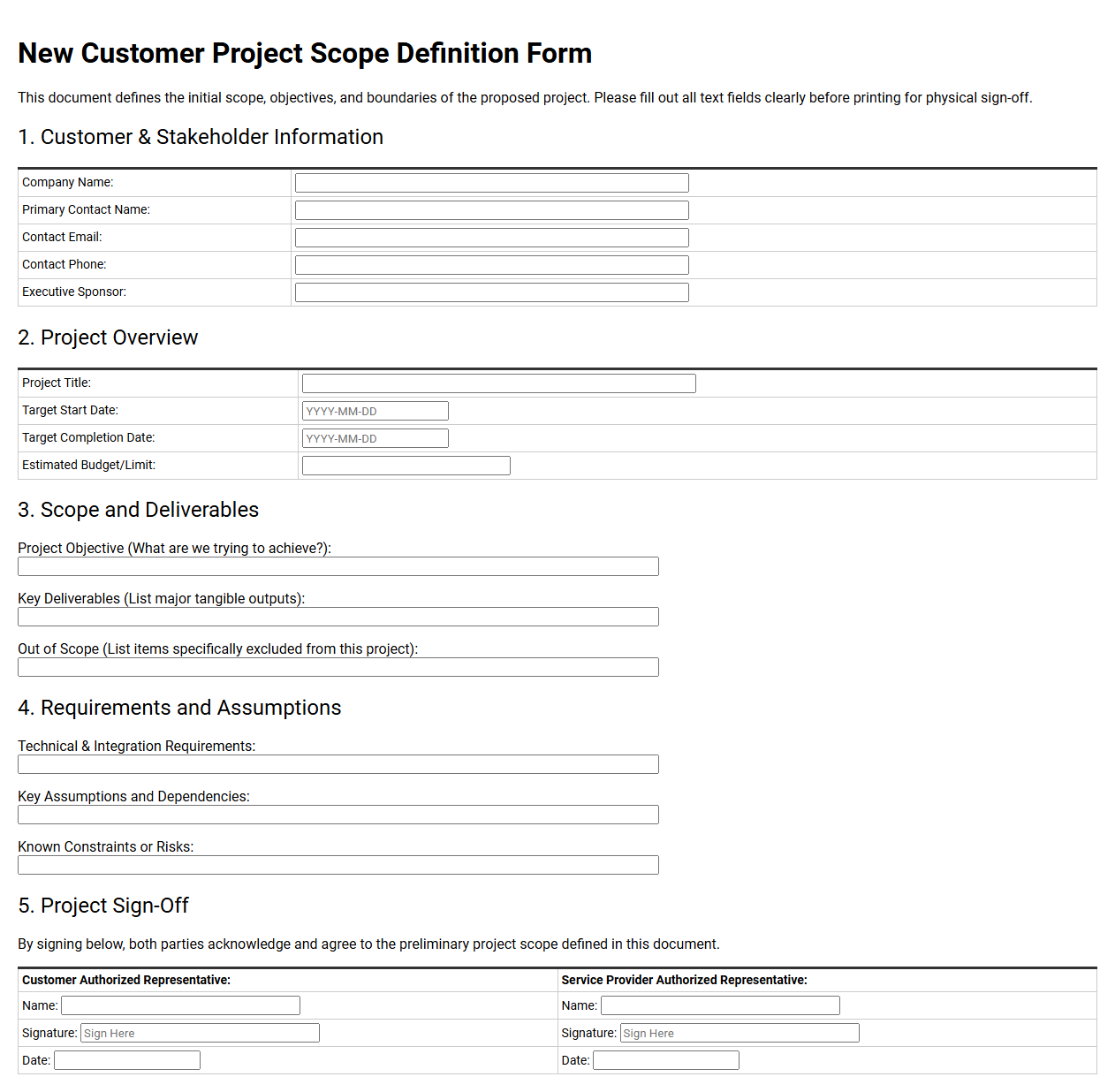 New Customer Project Scope Definition Form
