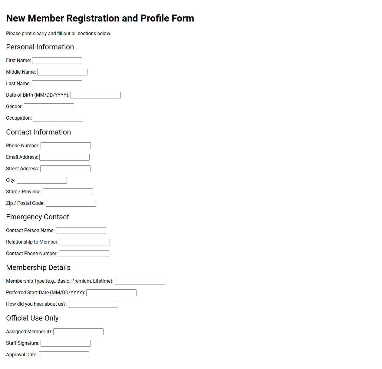 New Member Registration and Profile Form